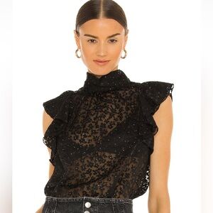 Sabina Musayev Mara Blouse Womens Medium Black Sheer Mockneck Flutter Sleeve